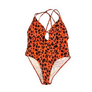 Orange and Black One Piece Swimwear with Leopard Print